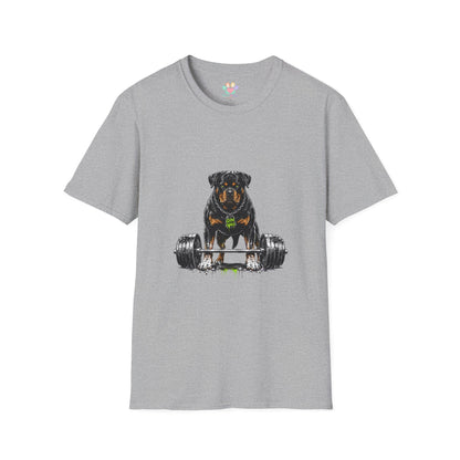 Rottweiler weightlifting t-shirt, dog bodybuilding workout illustration with heavy barbell, sport grey