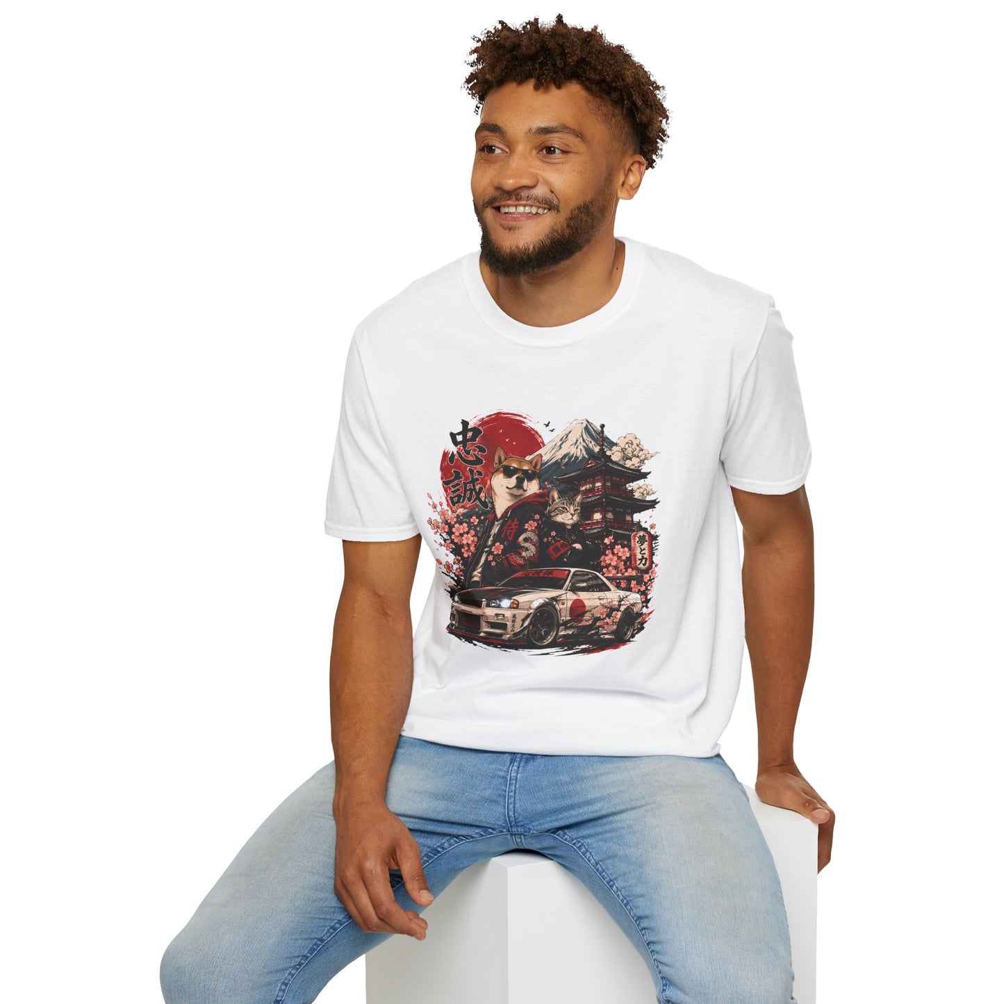 Samurai Shiba Inu and Tabby Cat t-shirt, Japanese warrior animal graphic with sports car, white