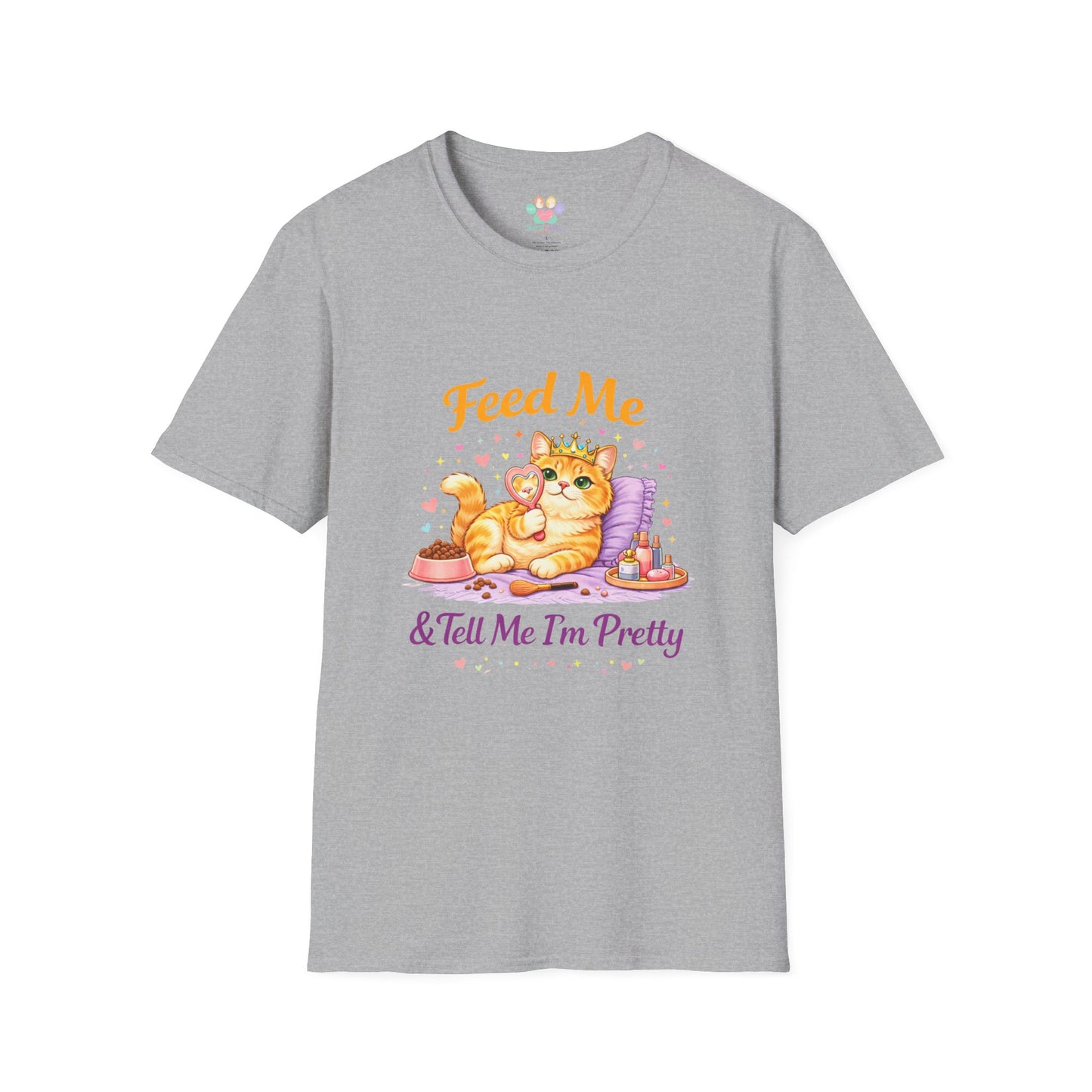 Feed Me & Tell Me I’m Pretty cat t-shirt, cute cat with crown and mirror illustration, sport gray