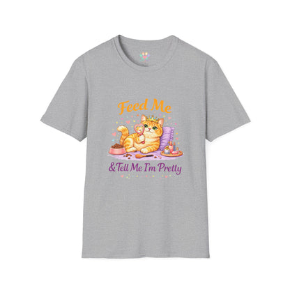 Feed Me & Tell Me I’m Pretty cat t-shirt, cute cat with crown and mirror illustration, sport gray