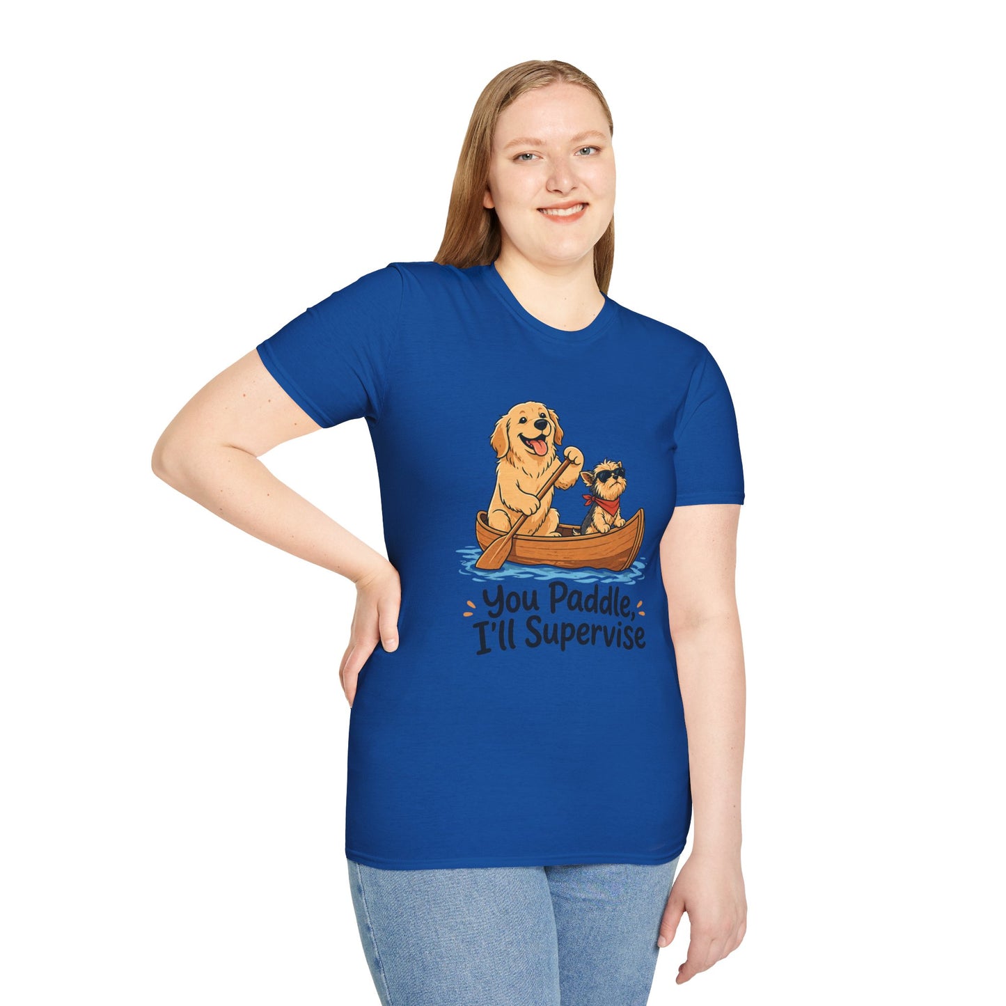 You Paddle I’ll Supervise t-shirt, golden retriever with small dog in canoe illustration, royal blue