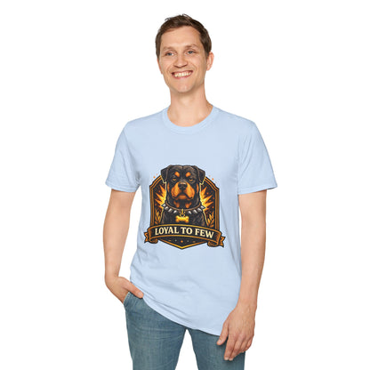Rottweiler, “Loyal to Few” quote, loyal dog graphic design, light blue