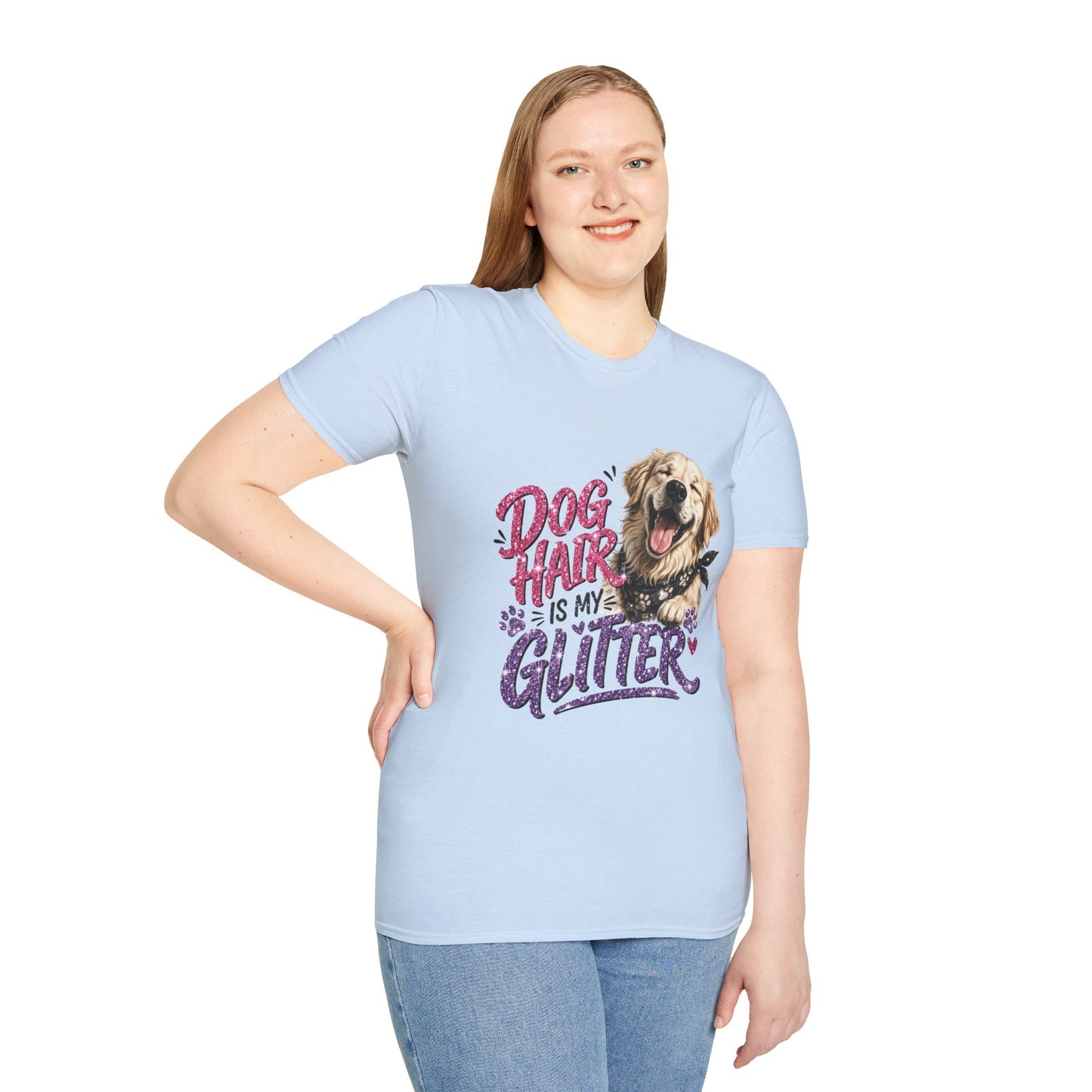 Dog Hair Is My Glitter t-shirt, happy golden retriever illustration with paw prints, light blue