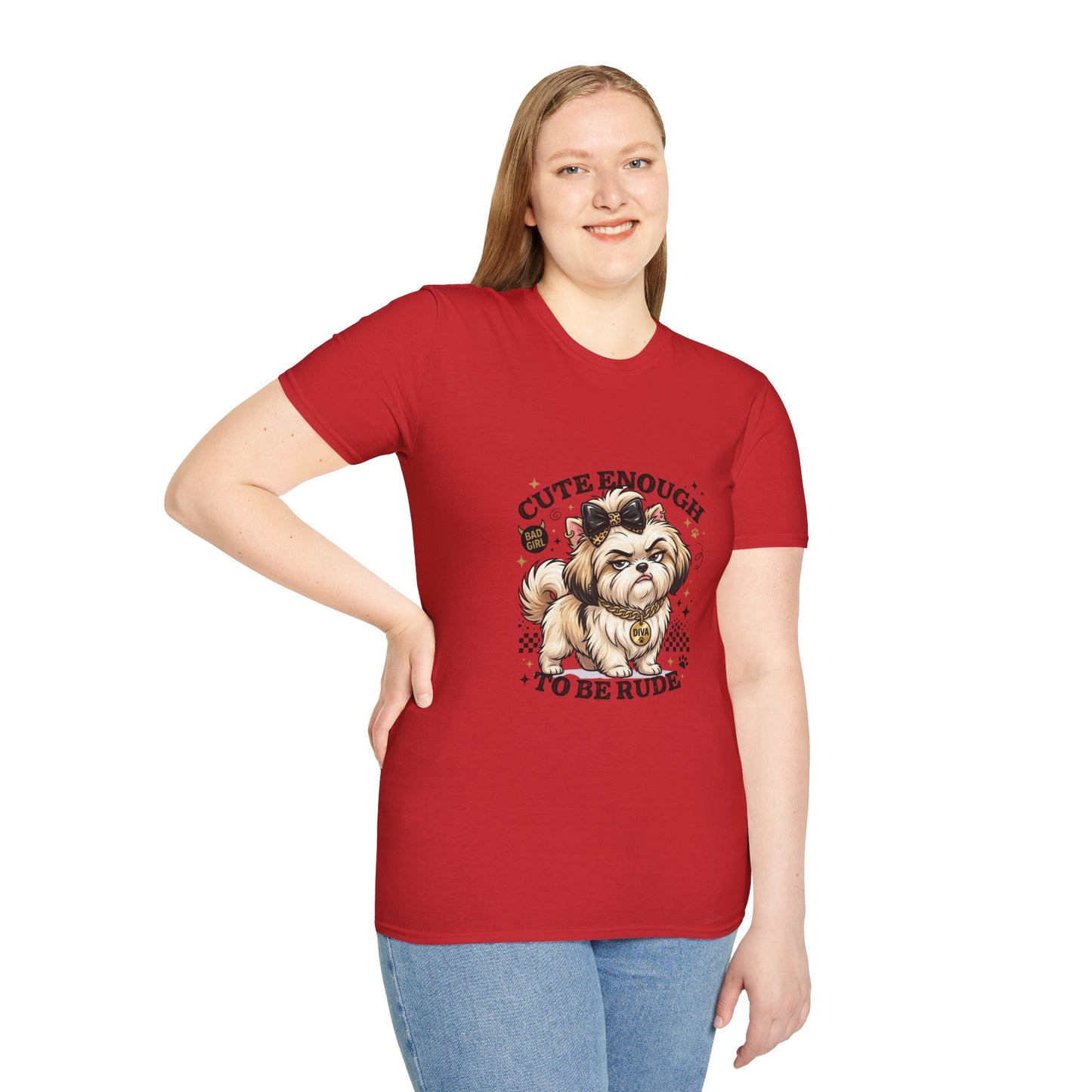 Cute Enough To Be Rude dog t-shirt, stylish small dog with bow and diva necklace graphic, red
