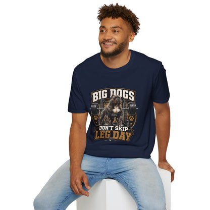 Big Dogs Don’t Skip Leg Day t-shirt, muscular bulldog with barbell gym design, navy