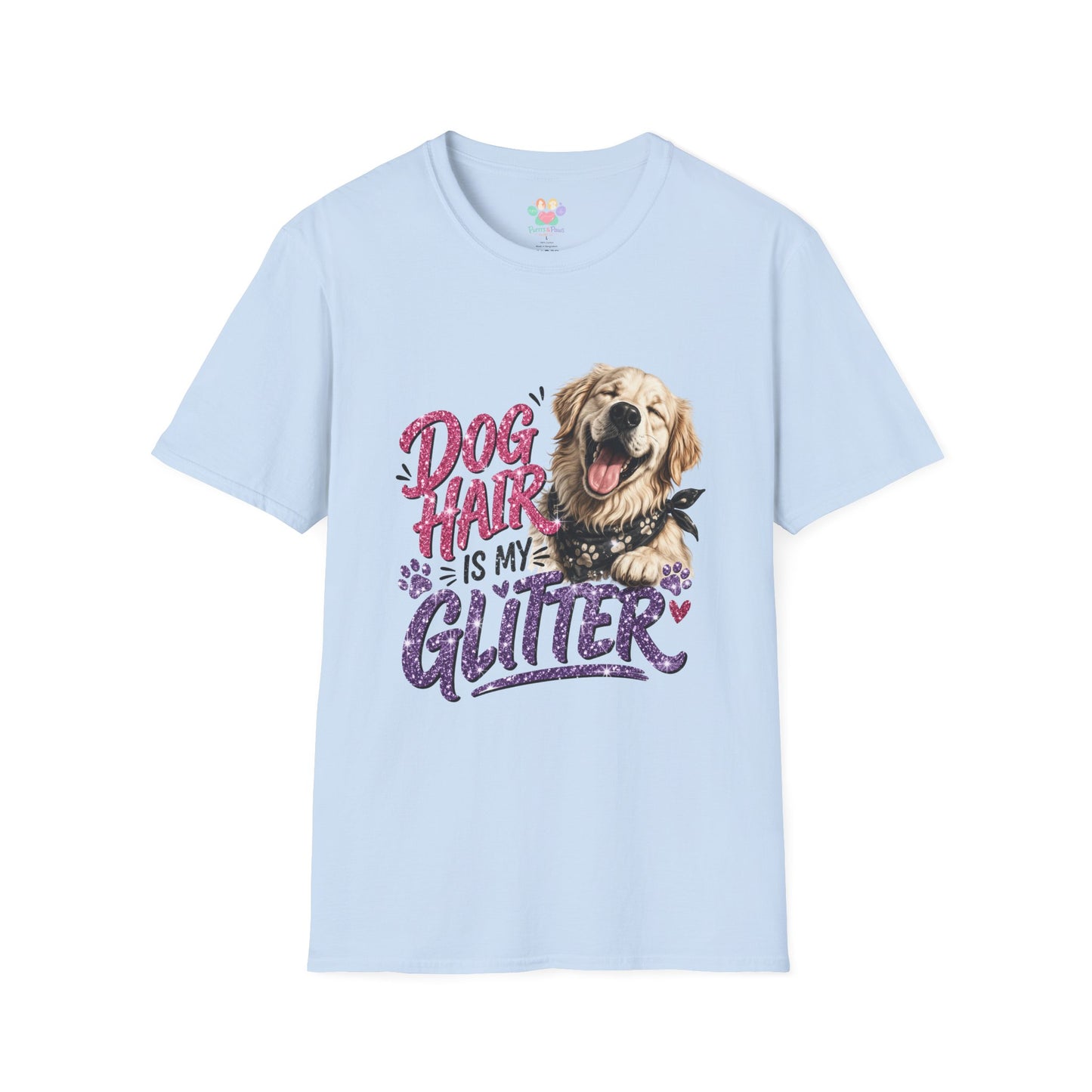 Dog Hair Is My Glitter t-shirt, happy golden retriever illustration with paw prints, light blue