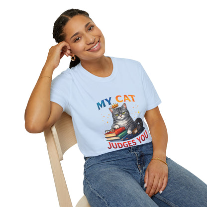 My Cat Judges You t-shirt, cute gray cat on books with glasses illustration, light blue