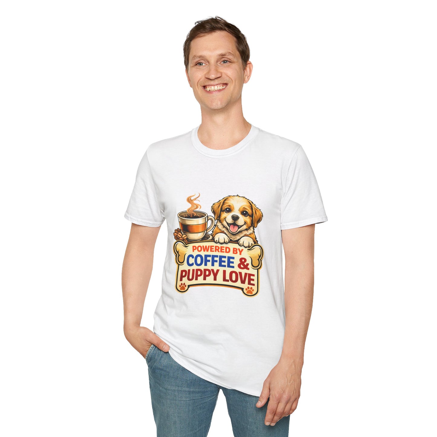 Powered By Coffee & Puppy Love t-shirt, cute puppy and coffee cup graphic, dog lover design, white