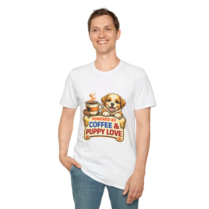 Powered By Coffee & Puppy Love t-shirt, cute puppy and coffee cup graphic, dog lover design, white