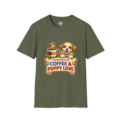Powered By Coffee & Puppy Love t-shirt, adorable puppy graphic, coffee and dog lover design, military green