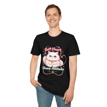 Soft Heart Sharp Attitude cat shirt, cute fluffy kitten graphic, sassy cat lover design, black