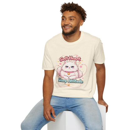 Soft Heart Sharp Attitude cat t-shirt, adorable kitten illustration, funny pet lover quote shirt, natural