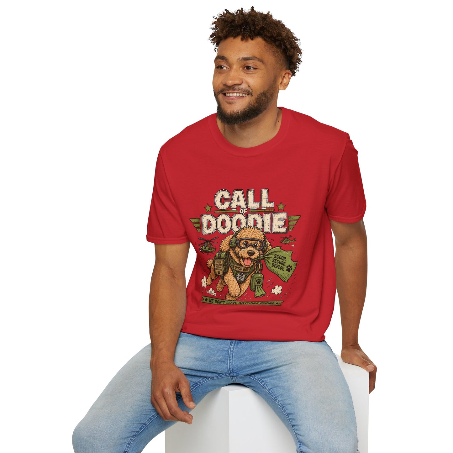 Call of Doodie t-shirt, funny tactical dog design with army poodle illustration, red