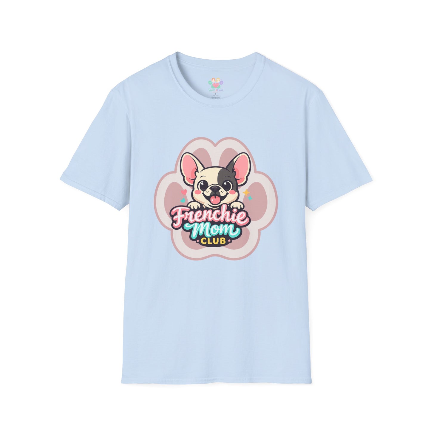 French bulldog mom shirt, cute Frenchie graphic, “Frenchie Mom Club” design, light blue