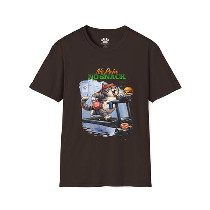 No Pain No Snack t-shirt, treadmill cat with snack illustration, dark chocolate