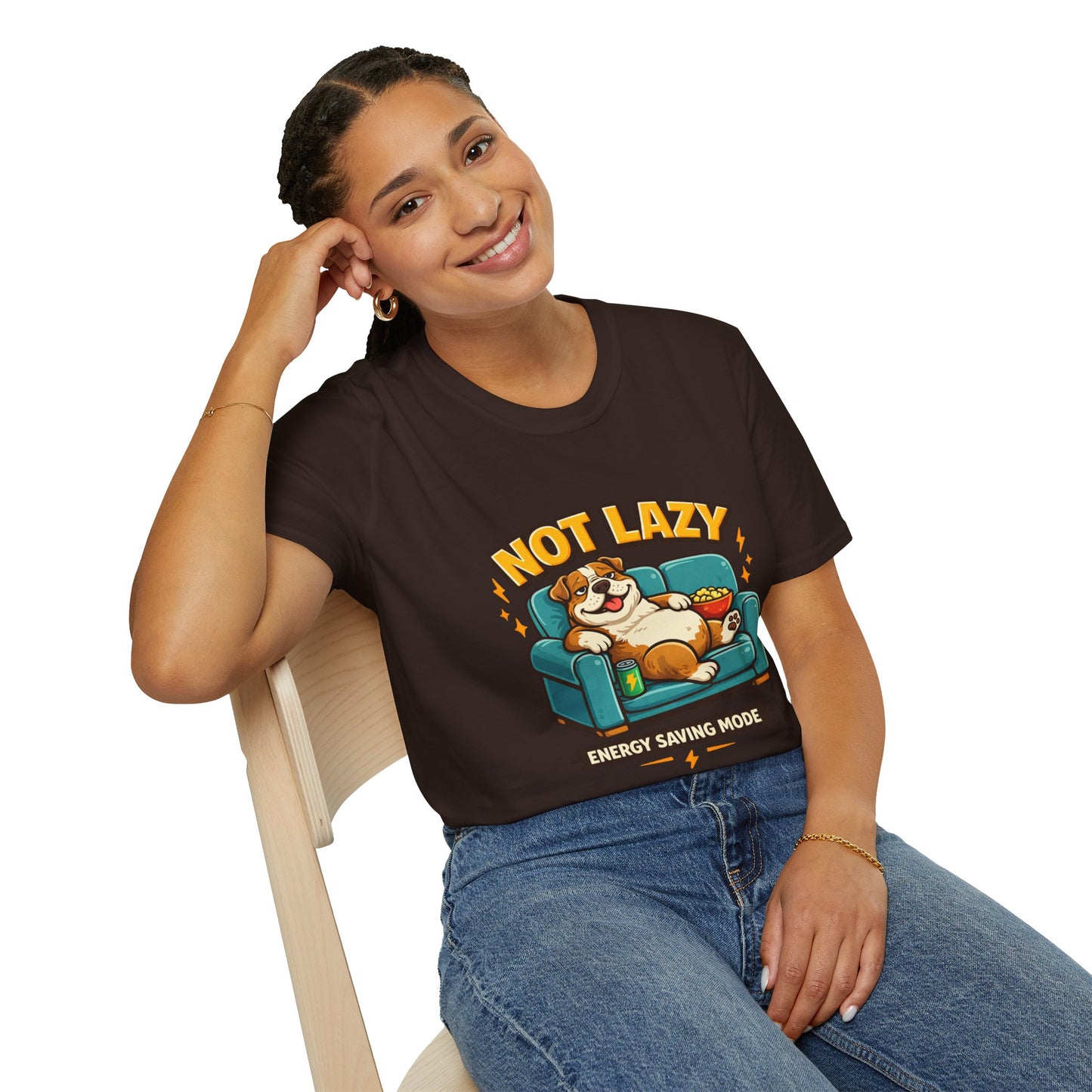 Not Lazy Energy Saving Mode t-shirt, relaxed dog on sofa illustration, dark chocolate