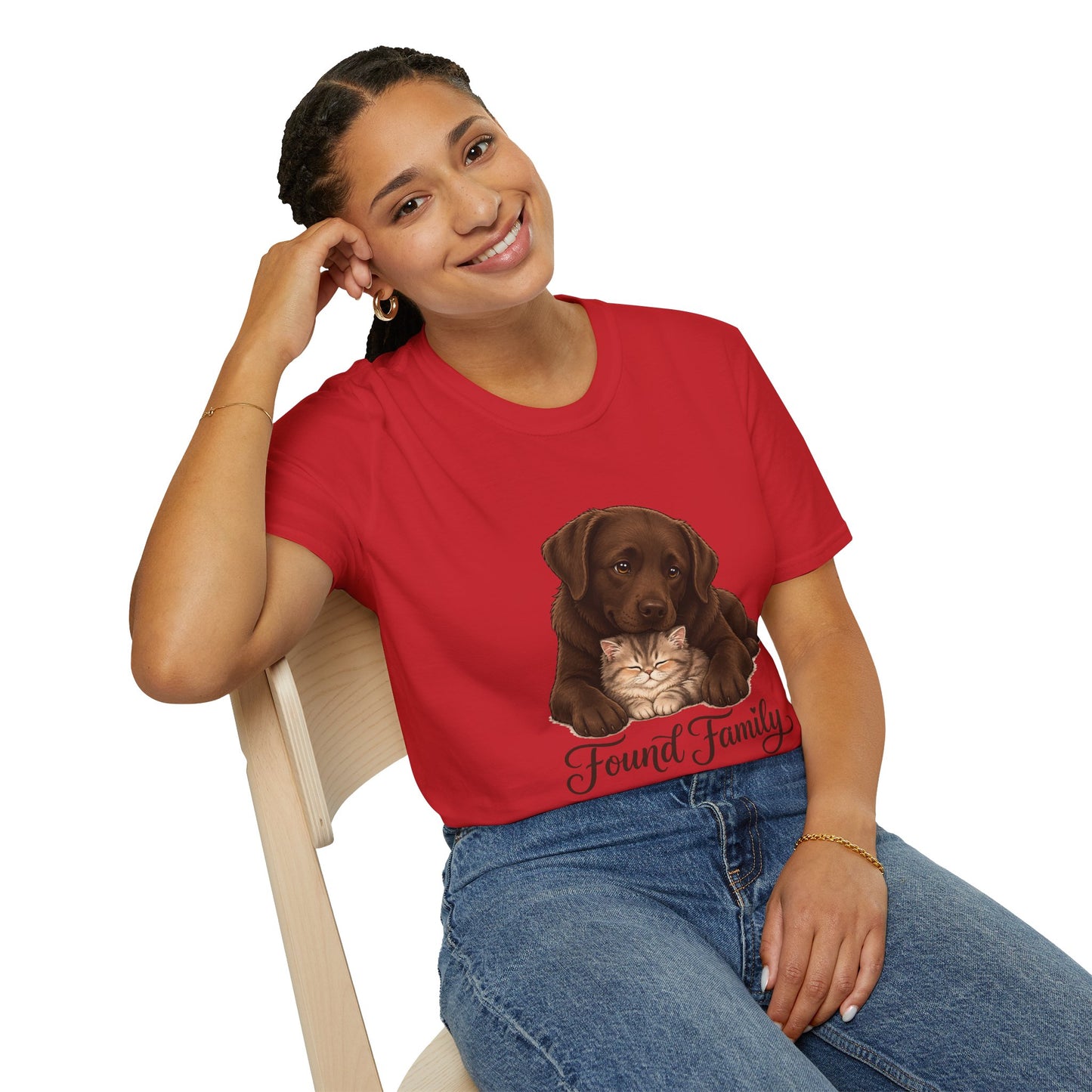 Found Family Labrador Retriever t-shirt, labrador retriever with kitten friendship graphic, red