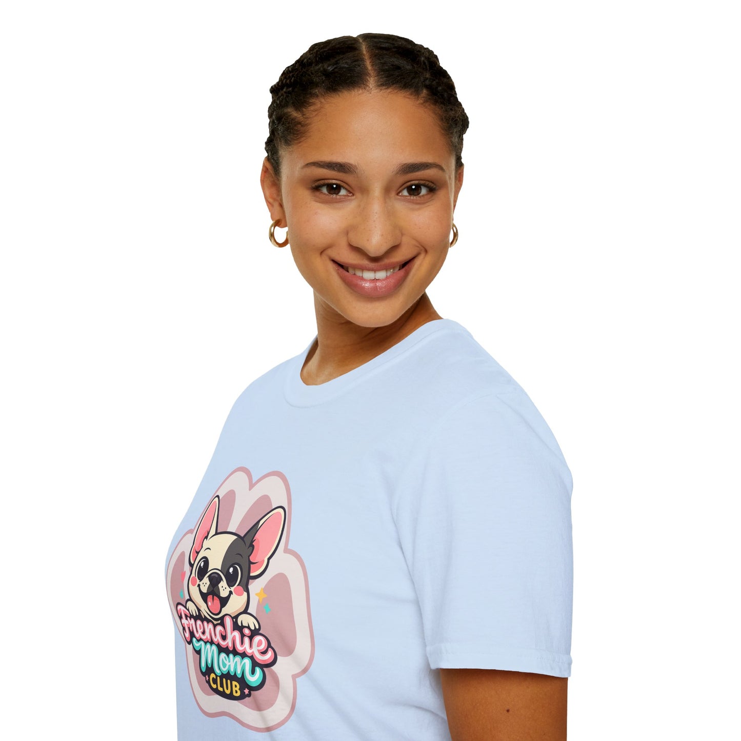 French bulldog mom shirt, cute Frenchie graphic, “Frenchie Mom Club” design, light blue