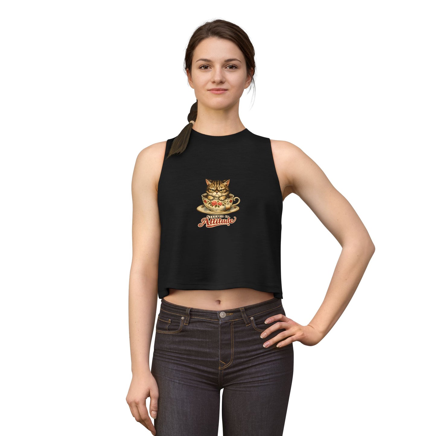 Steeped in Attitude tank top, cat in teacup with attitude graphic, solid black blend