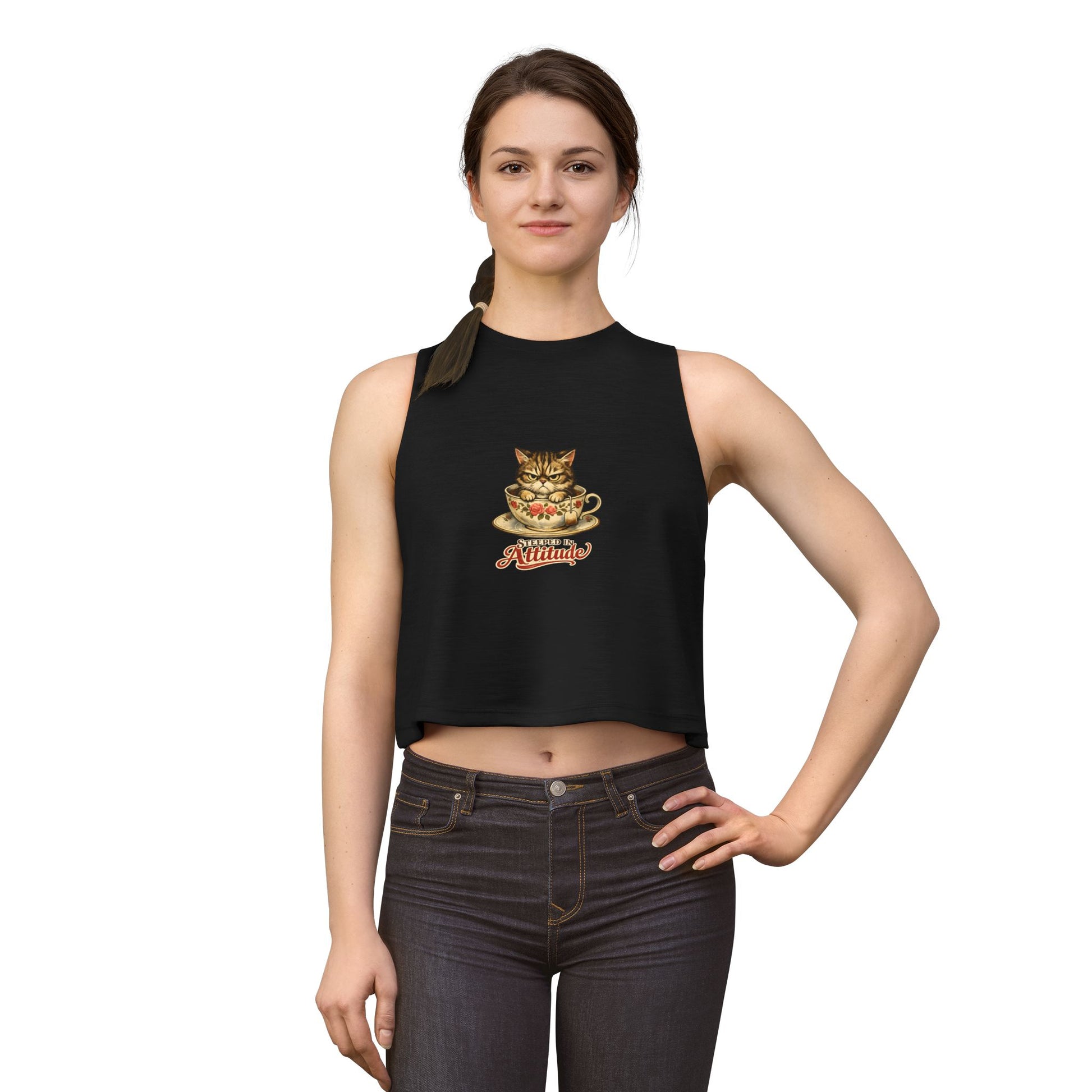 Steeped in Attitude tank top, cat in teacup with attitude graphic, solid black blend