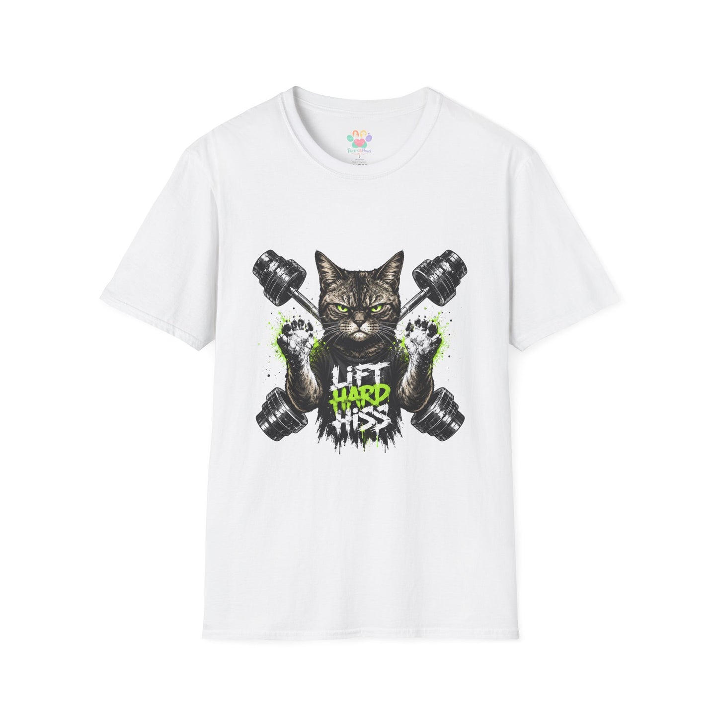 Lift Hard Hiss Harder t-shirt, weightlifting cat with dumbbells graphic, white