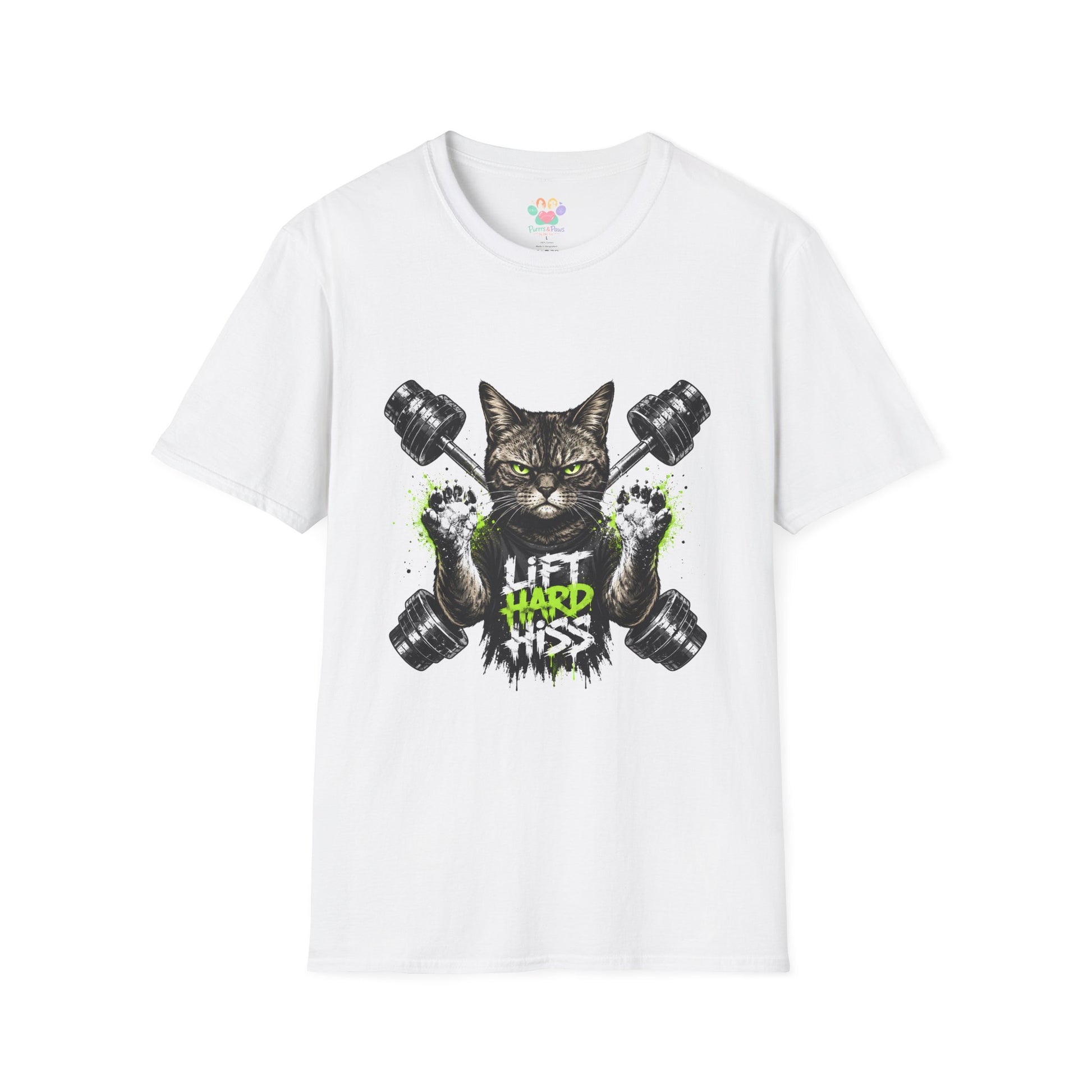 Lift Hard Hiss Harder t-shirt, weightlifting cat with dumbbells graphic, white