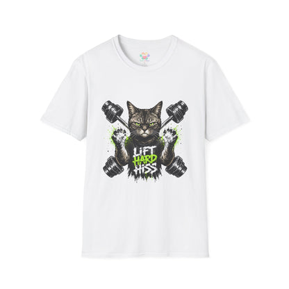 Lift Hard Hiss Harder t-shirt, weightlifting cat with dumbbells graphic, white