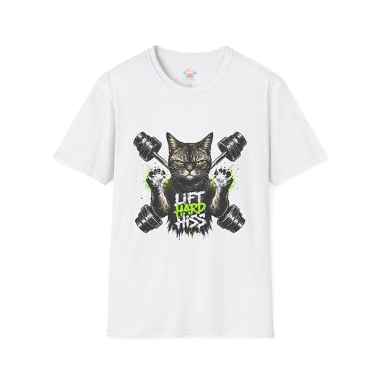 Lift Hard Hiss Harder t-shirt, weightlifting cat with dumbbells graphic, white