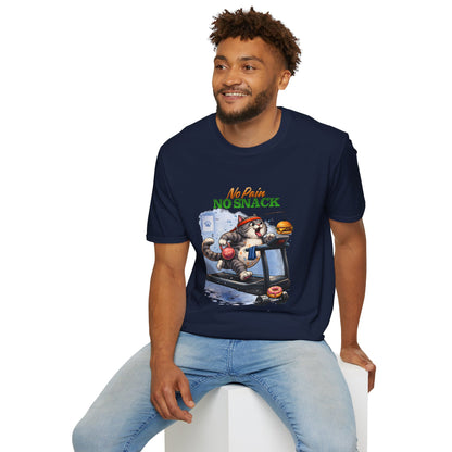 No Pain No Snack t-shirt, workout cat on treadmill design, navy