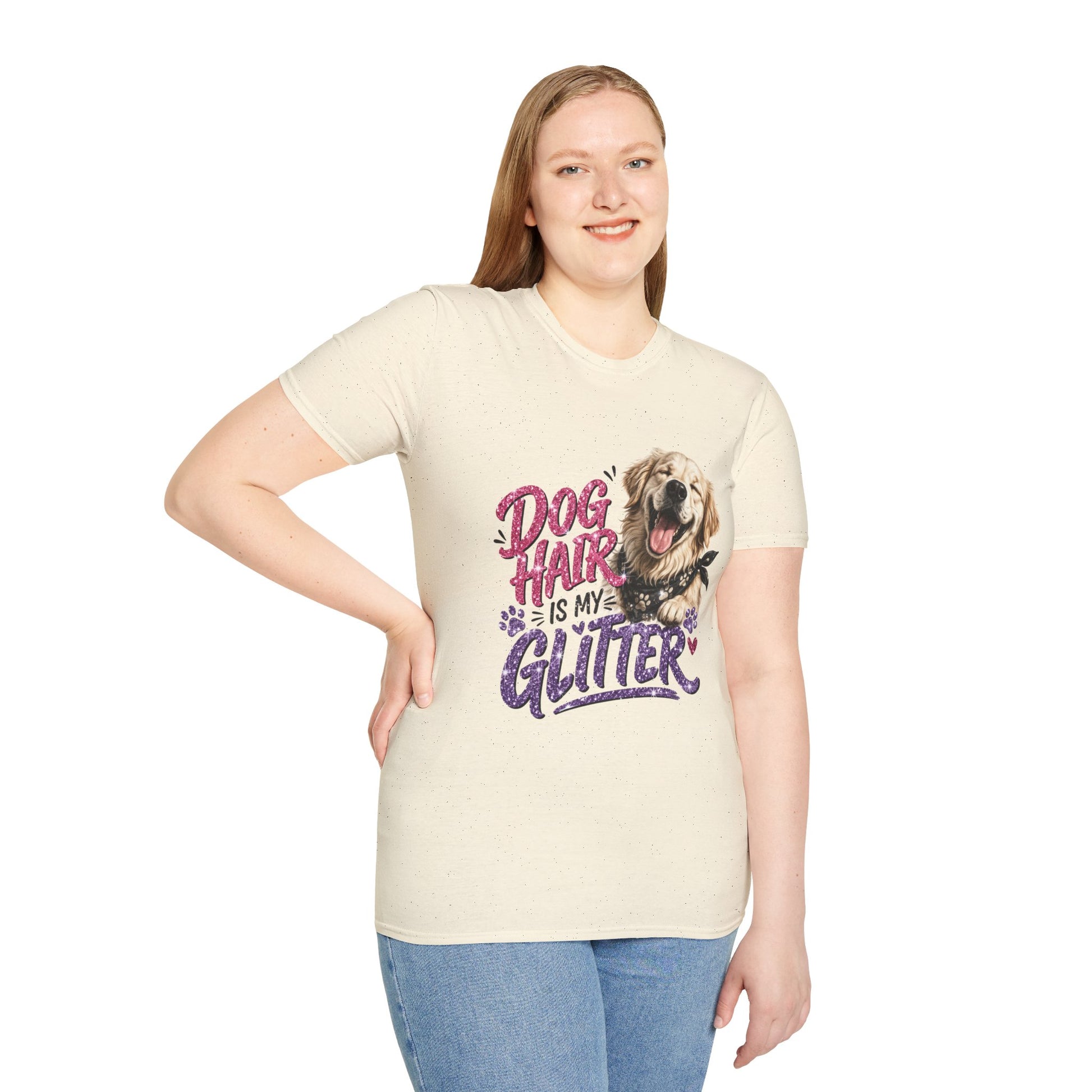 Dog Hair Is My Glitter t-shirt, dog lover graphic with paw prints and glitter lettering, natural