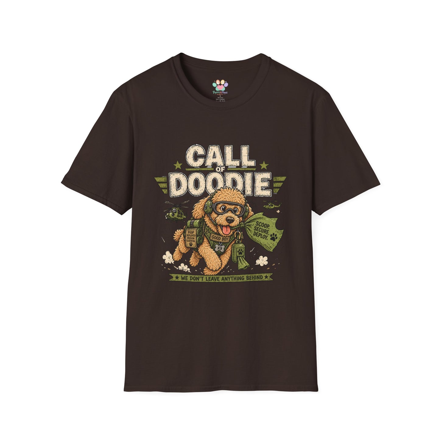 Call of Doodie t-shirt, tactical dog parody design with funny poodle soldier graphic, dark chocolate