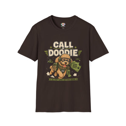 Call of Doodie t-shirt, tactical dog parody design with funny poodle soldier graphic, dark chocolate
