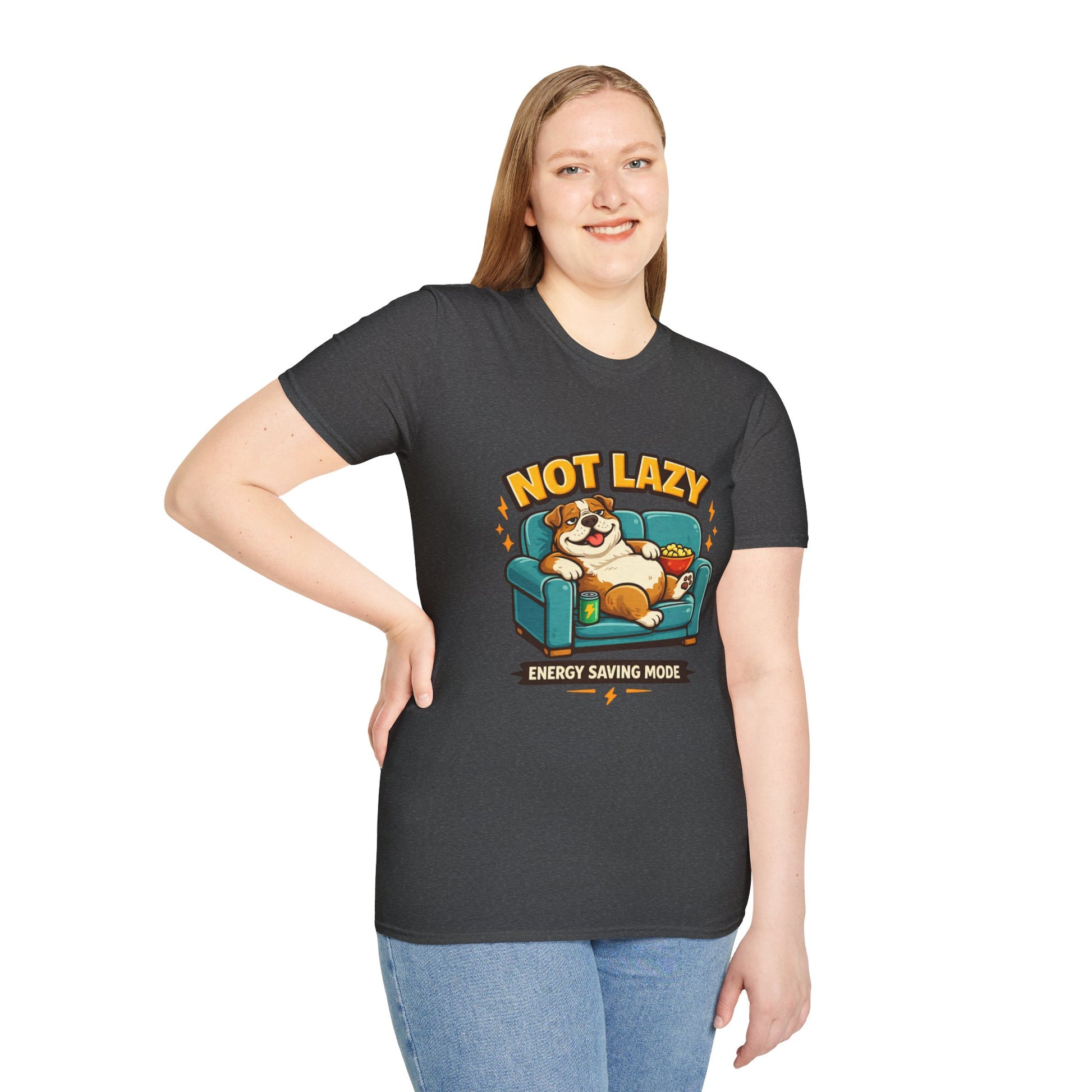 Not Lazy Energy Saving Mode t-shirt, lazy dog lounging graphic design, dark heather