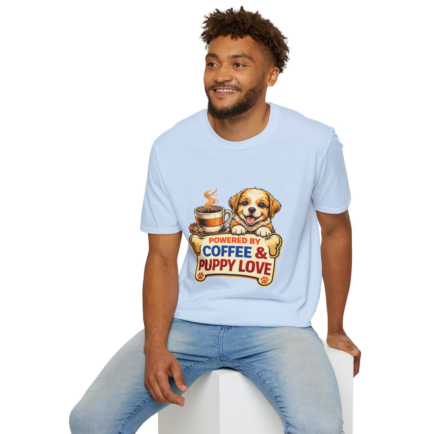 Powered By Coffee & Puppy Love shirt, adorable puppy graphic, coffee lover dog mom tee, light blue