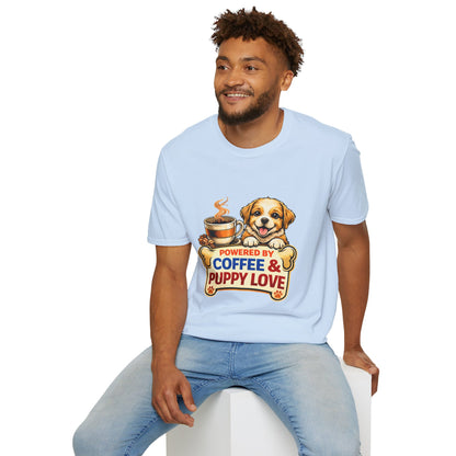 Powered By Coffee & Puppy Love shirt, adorable puppy graphic, coffee lover dog mom tee, light blue