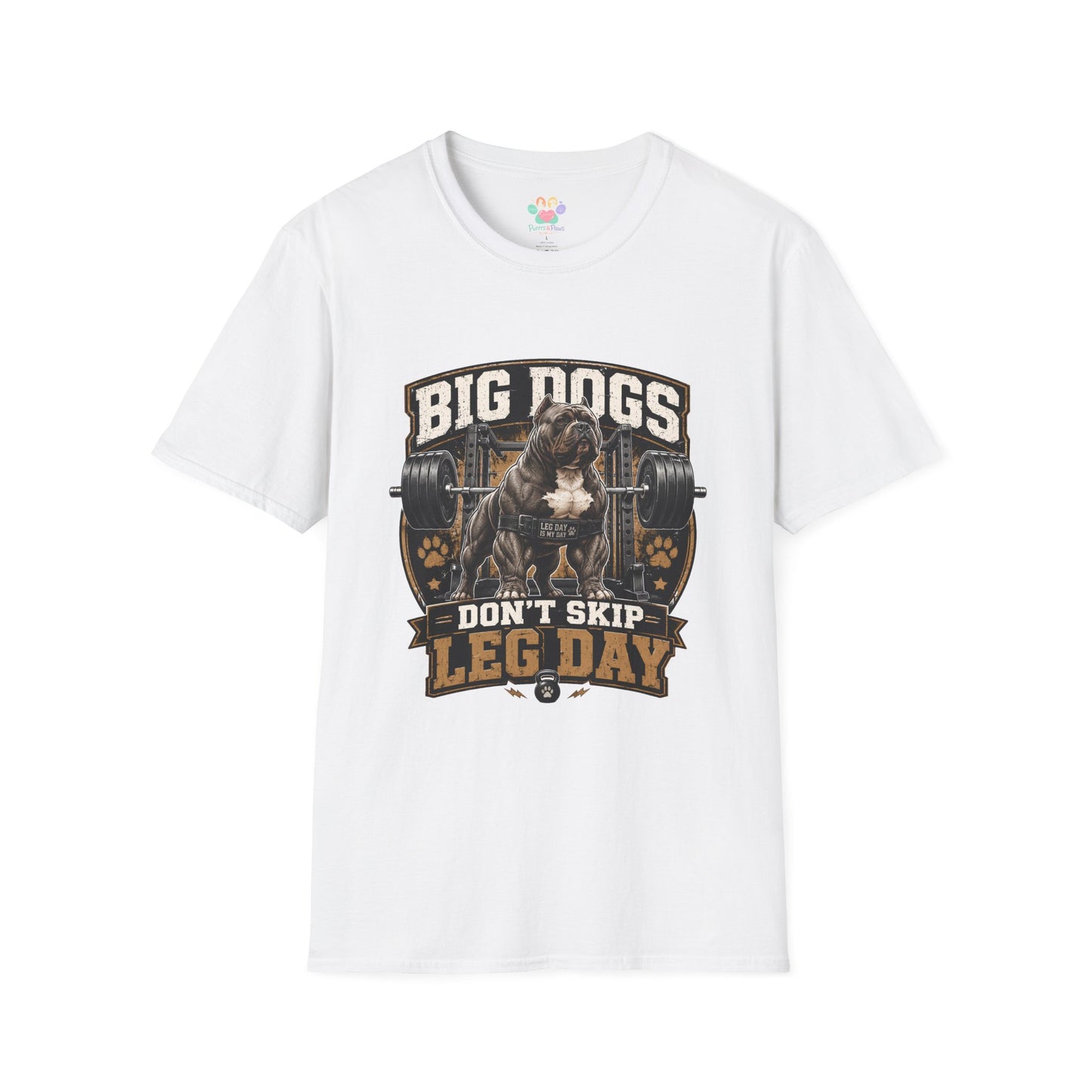 Big Dogs Don’t Skip Leg Day t-shirt, muscular bulldog weightlifting graphic, white