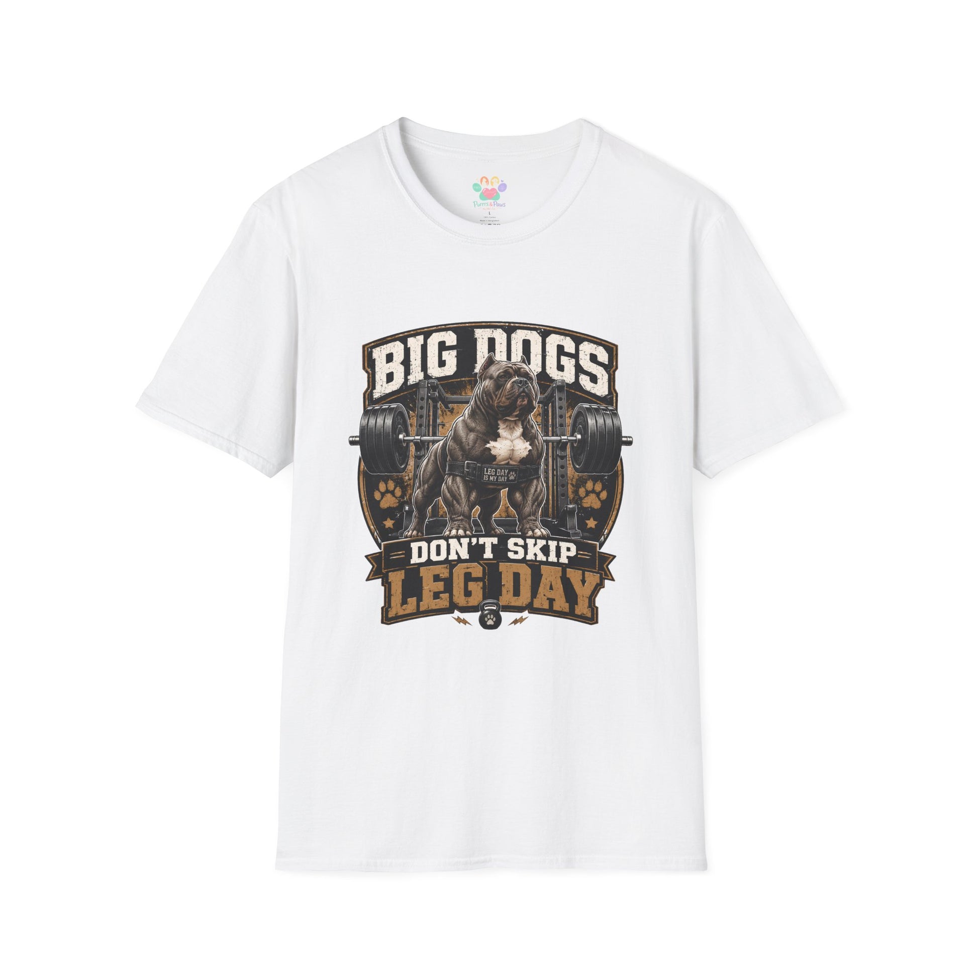 Big Dogs Don’t Skip Leg Day t-shirt, muscular bulldog weightlifting graphic, white