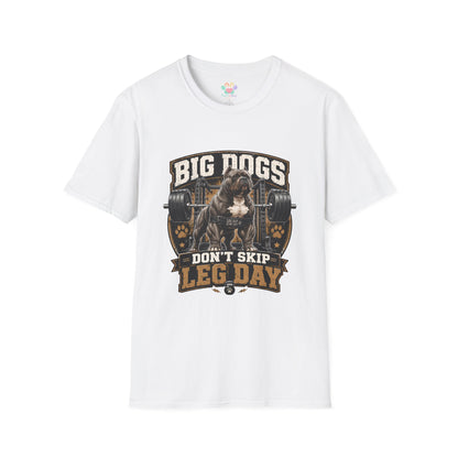 Big Dogs Don’t Skip Leg Day t-shirt, muscular bulldog weightlifting graphic, white