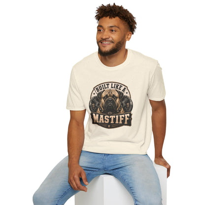 Built Like A Mastiff t-shirt, bold Mastiff dog lover design with weightlifting theme, natural