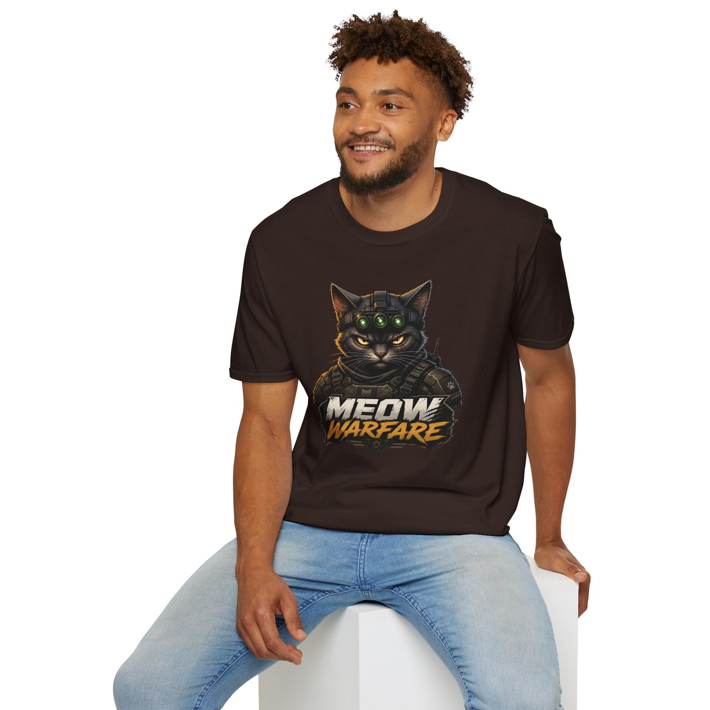 Meow Warfare t-shirt, tactical cat parody design with combat black cat graphic, dark chocolate