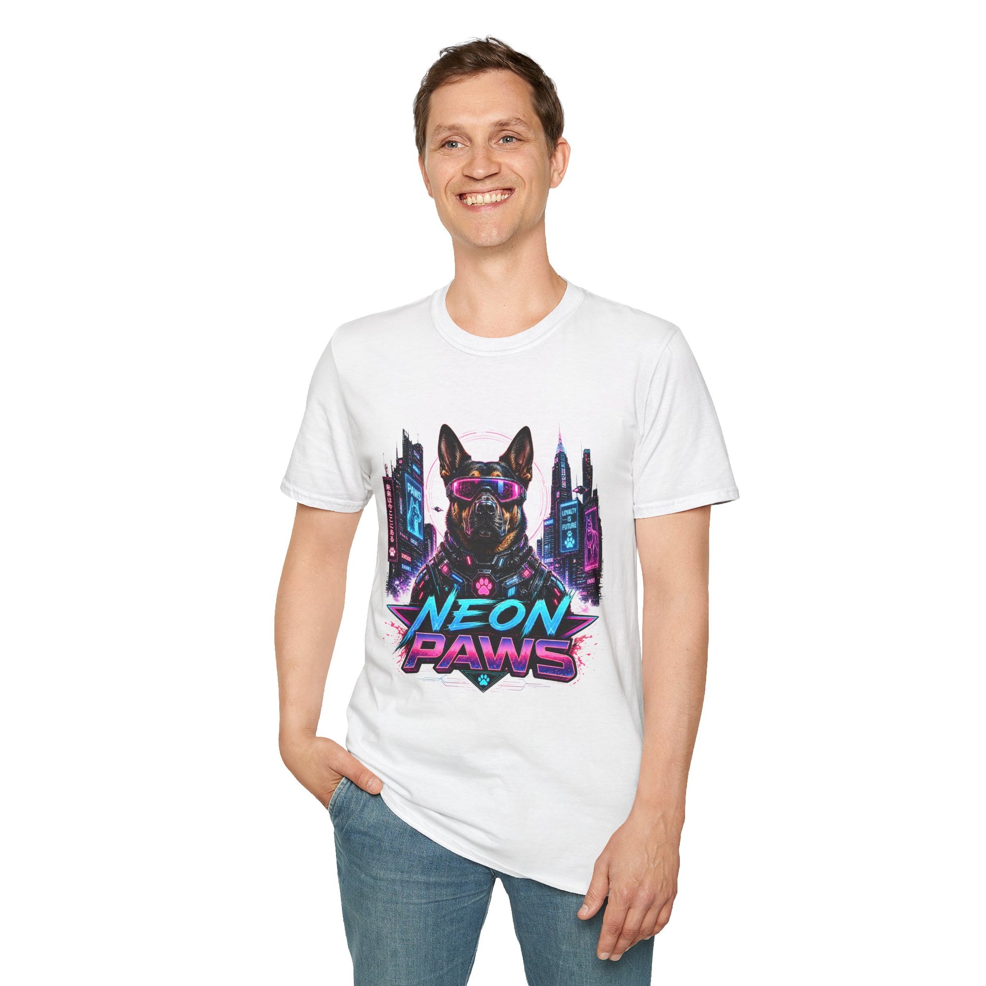 Neon Paws t-shirt, cyberpunk dog graphic with futuristic neon canine illustration, white
