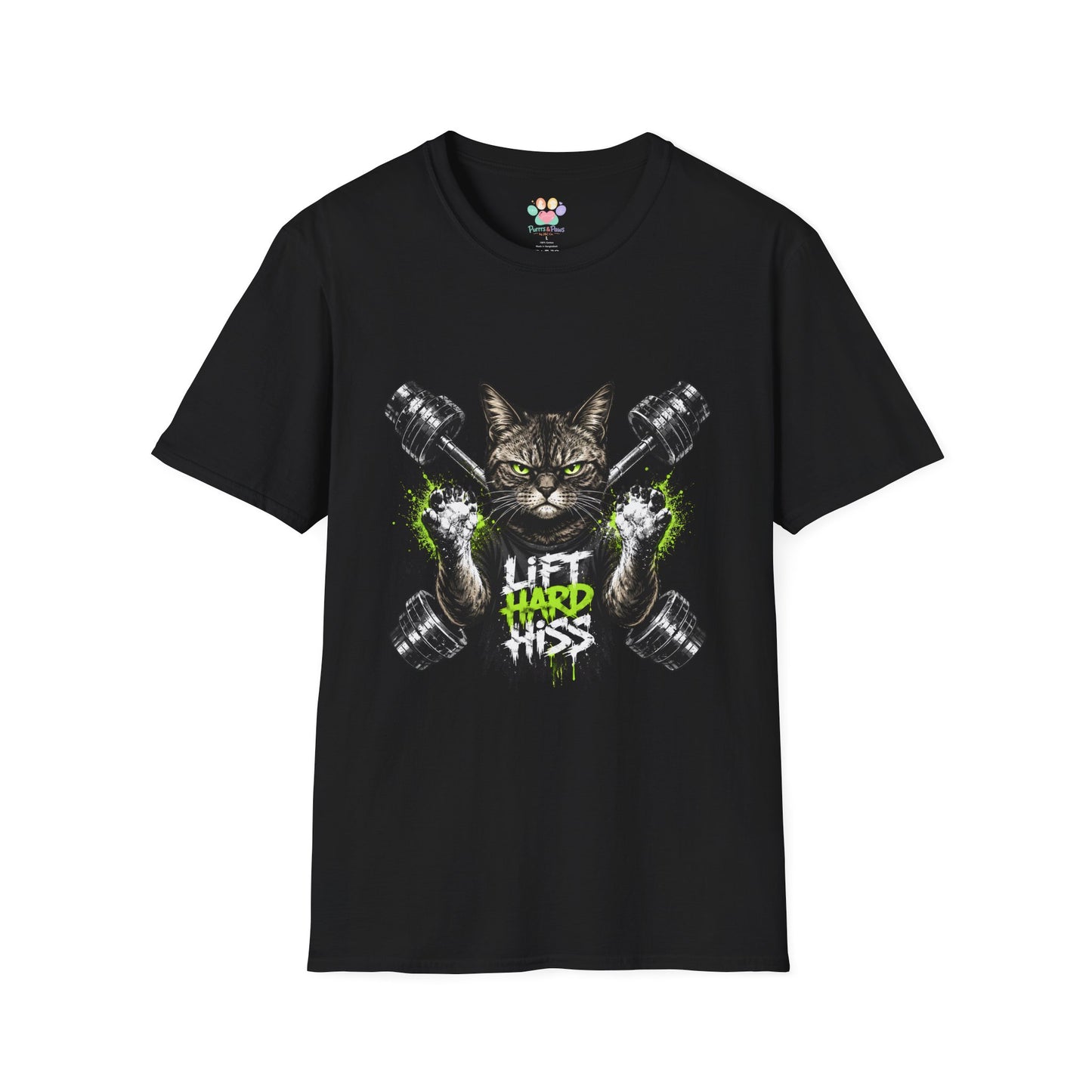 Lift Hard Hiss Harder t-shirt, muscular cat gym graphic for fitness lovers, black