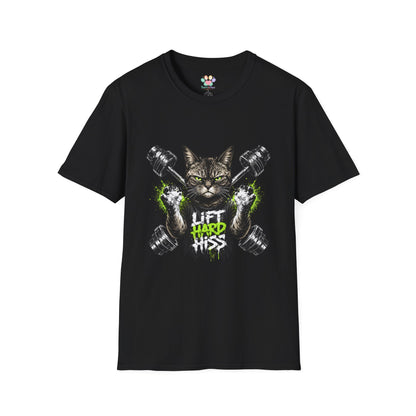 Lift Hard Hiss Harder t-shirt, muscular cat gym graphic for fitness lovers, black