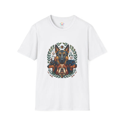 German Shepherd Doberman Rottweiler Bulldog graphic, multi dog breed design with laurel wreath, white