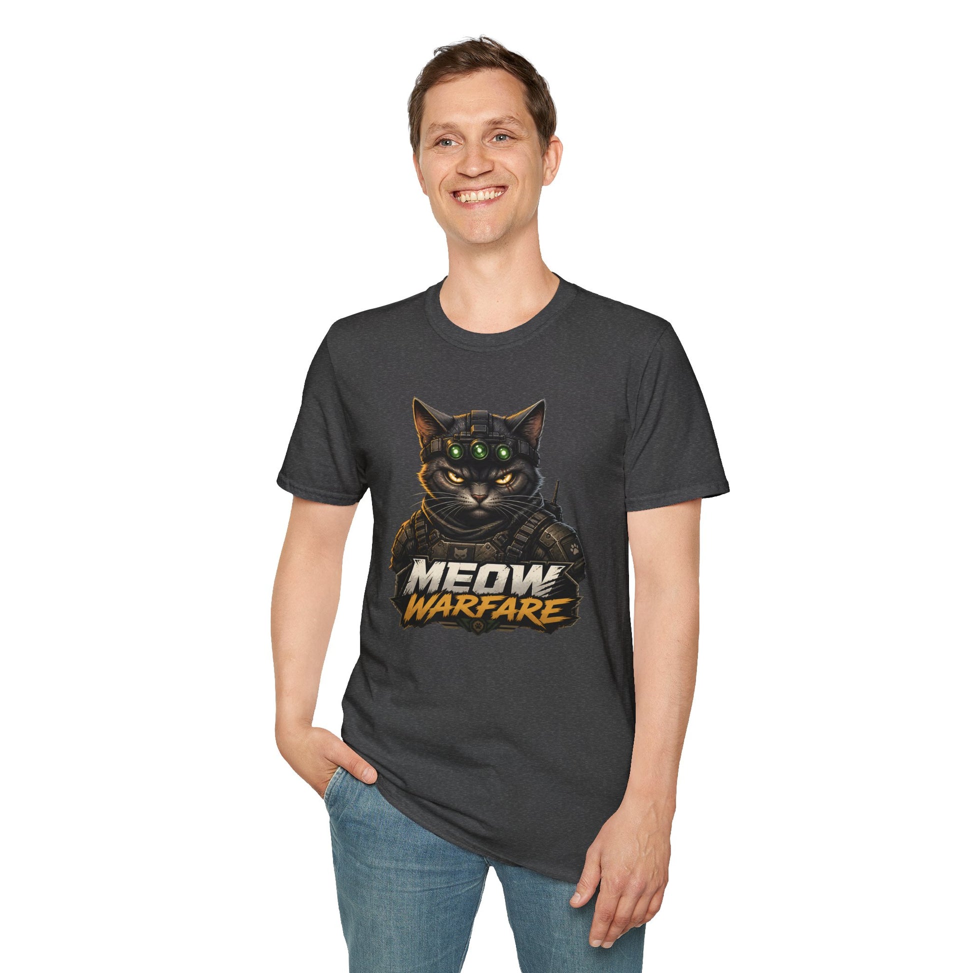 Meow Warfare t-shirt, military humor cat graphic with combat feline artwork, dark heather