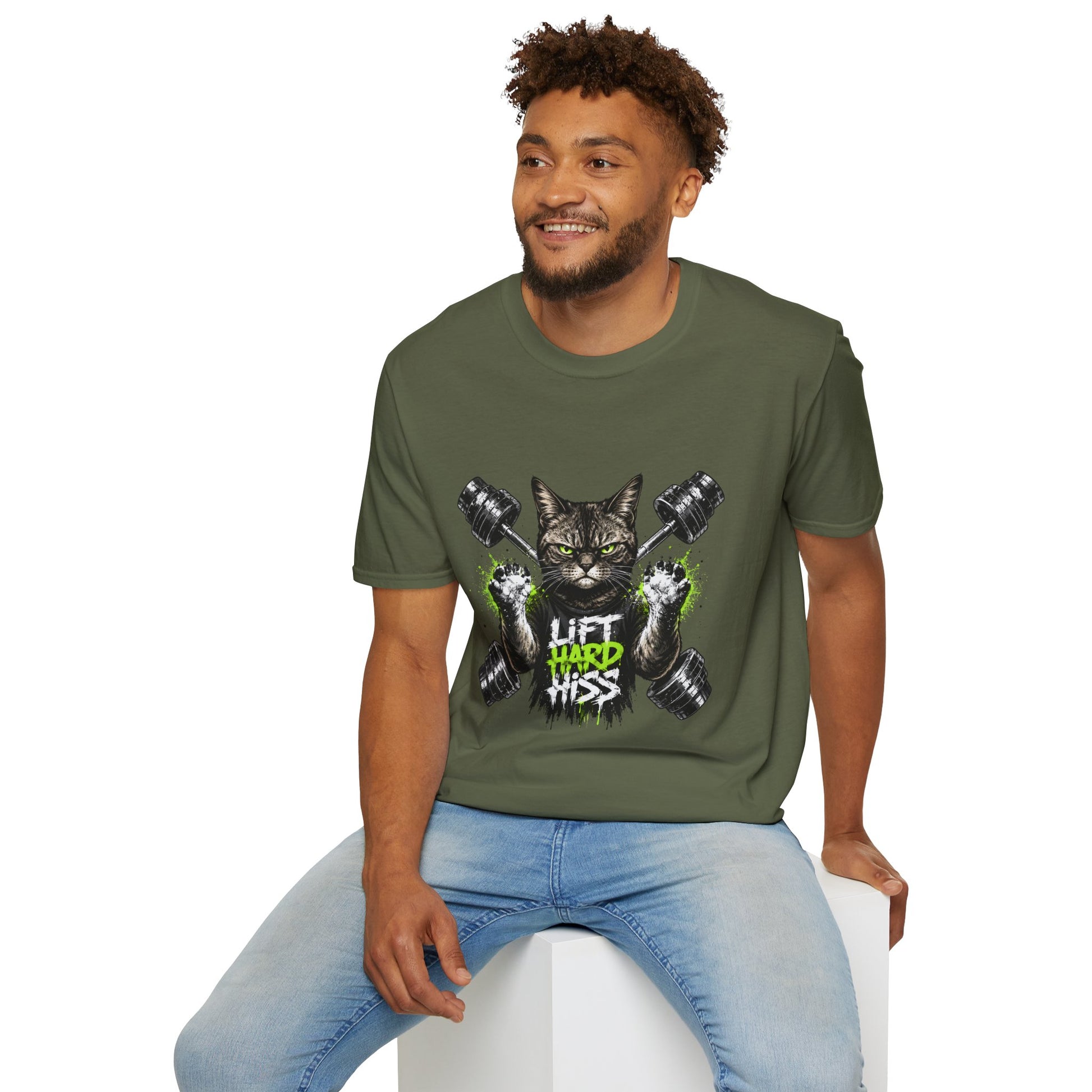 Lift Hard Hiss Harder cat t-shirt, workout cat illustration with weights, military green