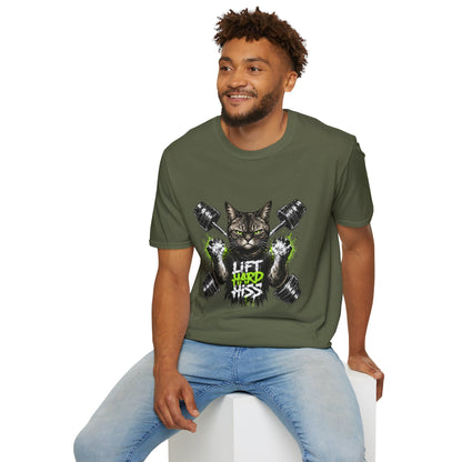 Lift Hard Hiss Harder cat t-shirt, workout cat illustration with weights, military green