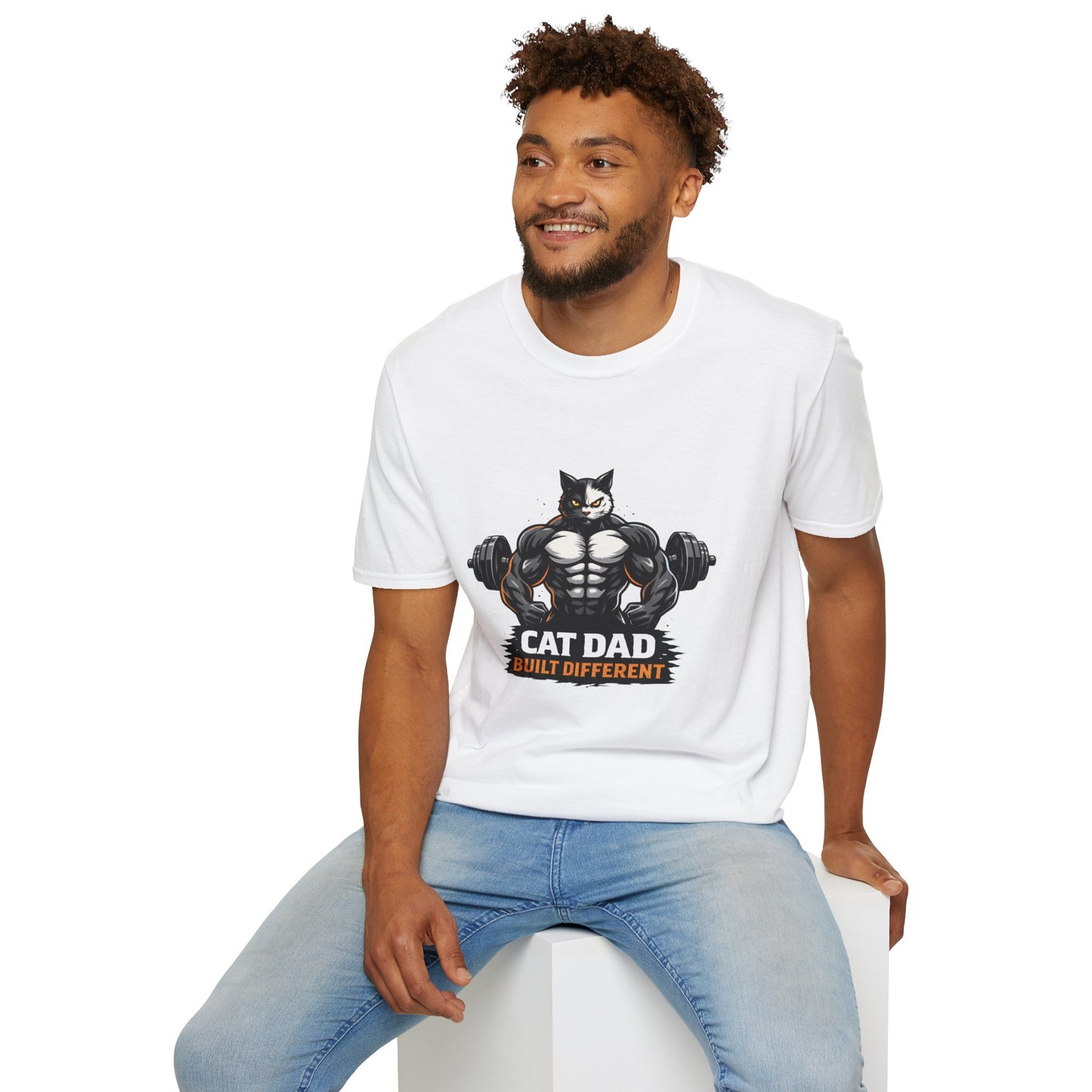 Cat Dad Built Different t-shirt, muscular cat bodybuilder graphic with dumbbells, funny cat dad gift shirt, white