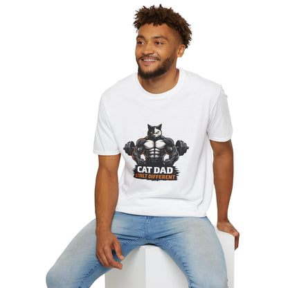 Cat Dad Built Different t-shirt, muscular cat bodybuilder graphic with dumbbells, funny cat dad gift shirt, white