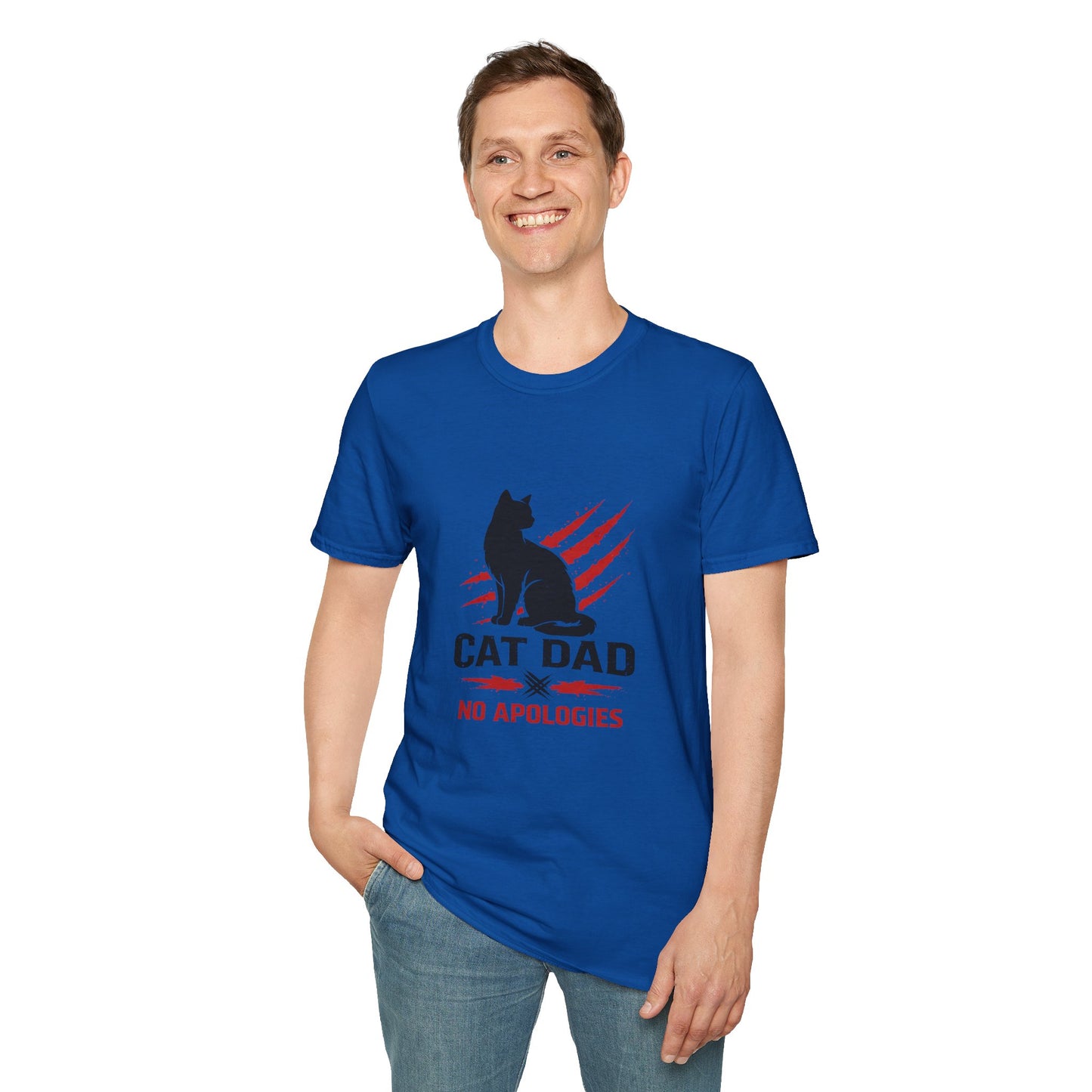 Cat Dad No Apologies t-shirt, edgy cat dad illustration with black cat silhouette, royal